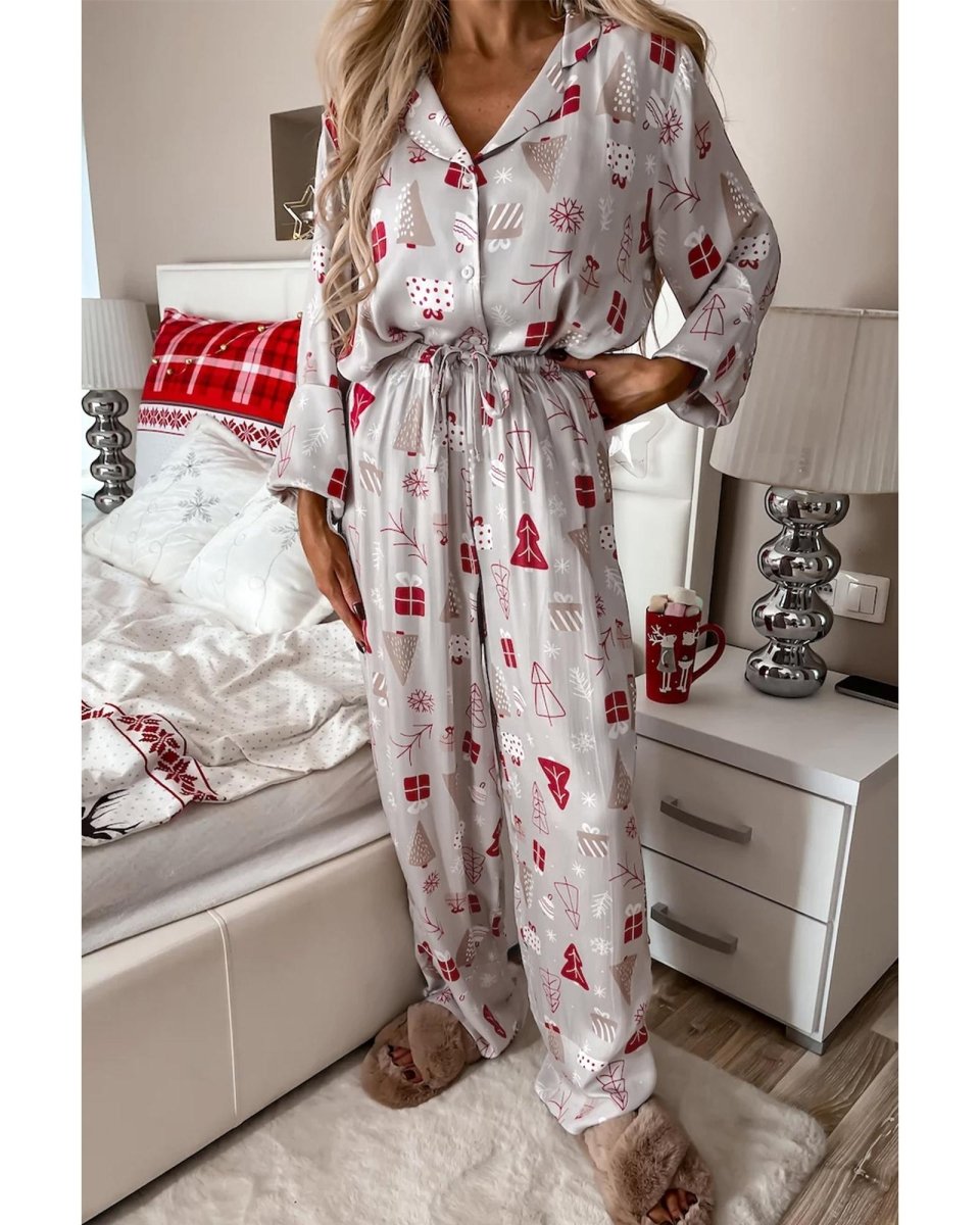 Light Grey Christmas Printed Shirt and Pants Pajama Set - M