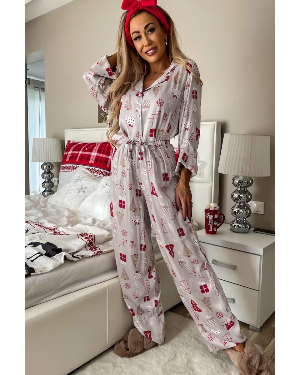 Light Grey Christmas Printed Shirt and Pants Pajama Set - XL