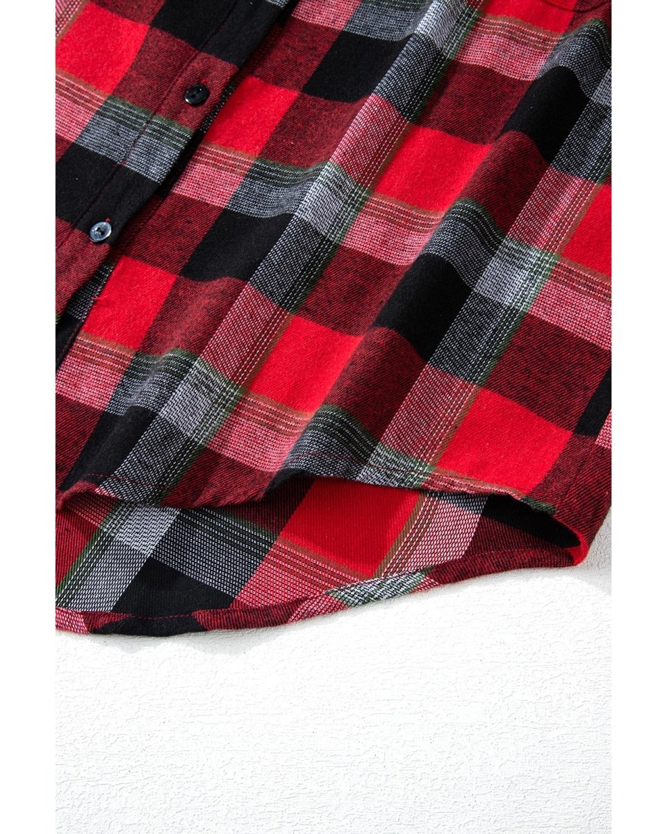 Red Christmas Checkered Pattern Loose Shirt and Pants Lounge Set - L