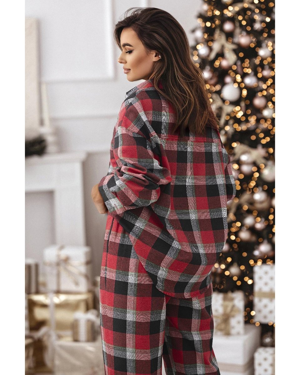 Red Christmas Checkered Pattern Loose Shirt and Pants Lounge Set - M