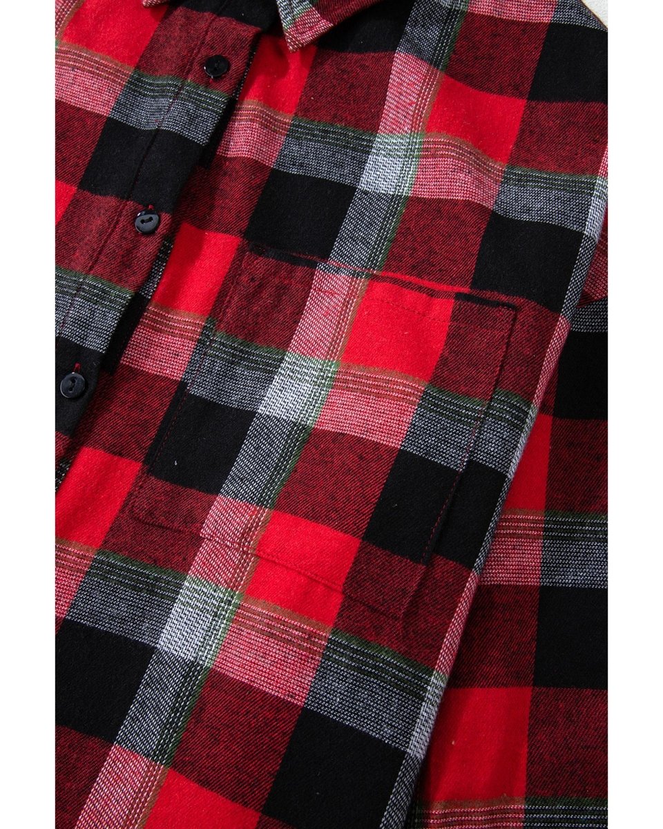 Red Christmas Checkered Pattern Loose Shirt and Pants Lounge Set - M