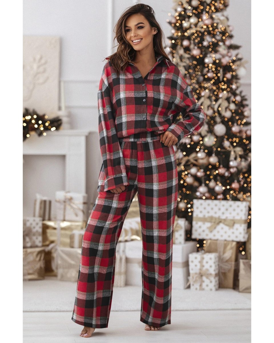 Red Christmas Checkered Pattern Loose Shirt and Pants Lounge Set - S
