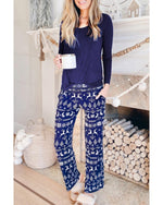 Blue Solid Top and Christmas Pants Two Piece Lounge Set - L