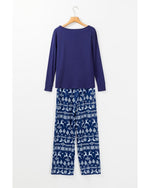 Blue Solid Top and Christmas Pants Two Piece Lounge Set - XL