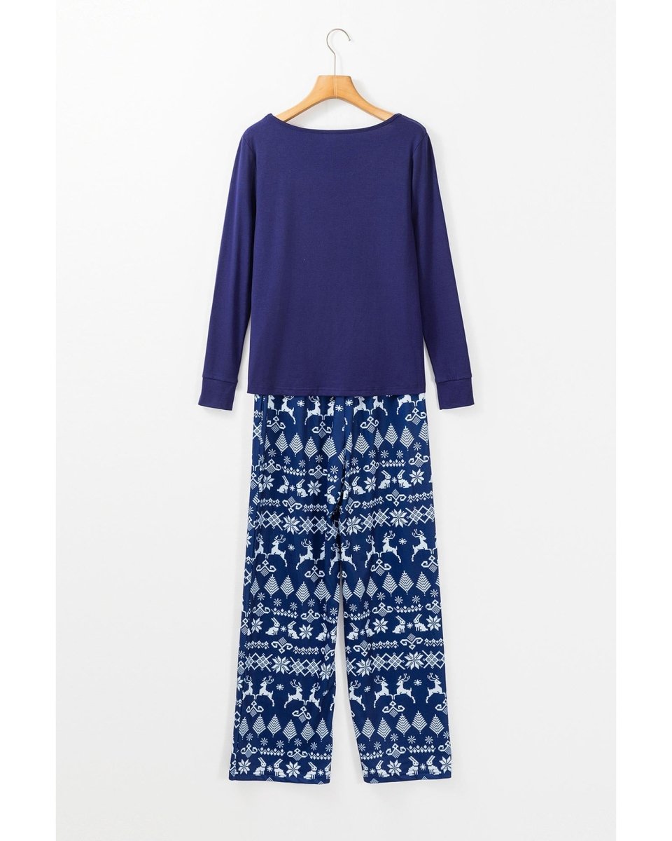 Blue Solid Top and Christmas Pants Two Piece Lounge Set - XL