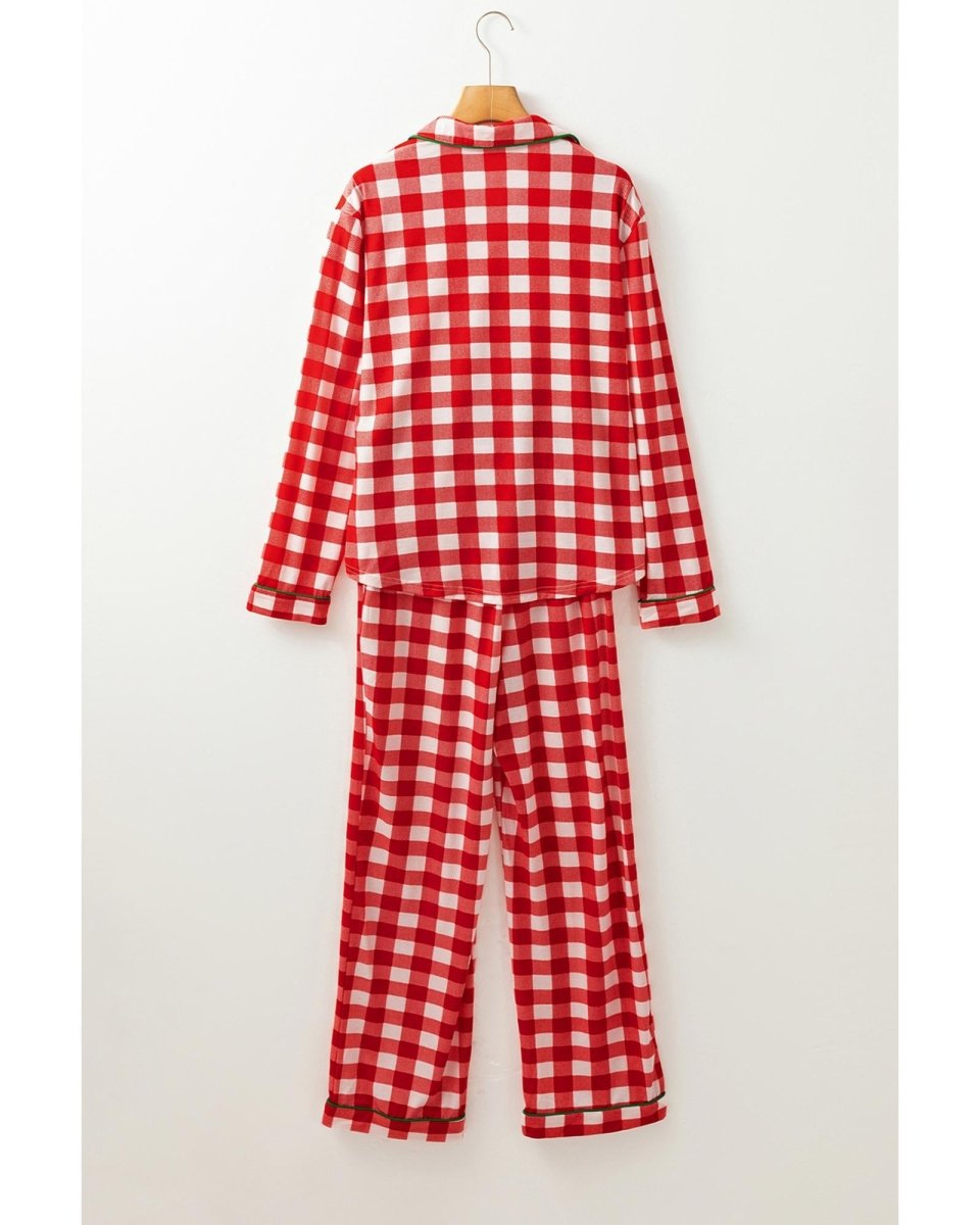 Fiery Red Christmas Plaid Print Shirt and Pants Pajama Set - M