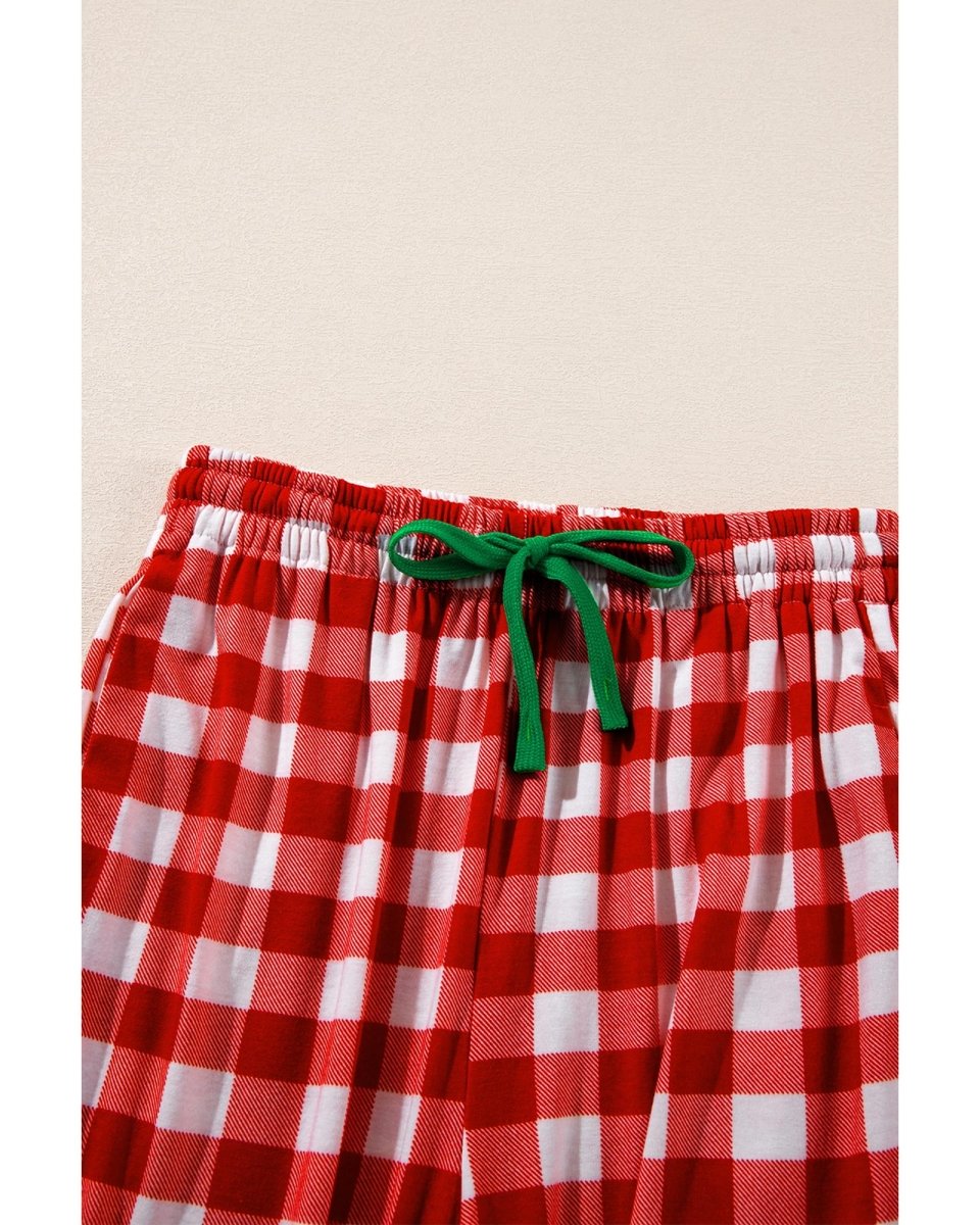 Fiery Red Christmas Plaid Print Shirt and Pants Pajama Set - XL