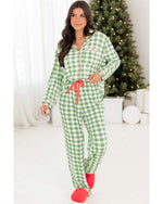 Light Green Christmas Plaid Print Shirt and Pants Pajama Set - L