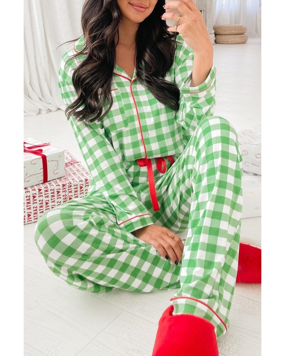 Light Green Christmas Plaid Print Shirt and Pants Pajama Set - M