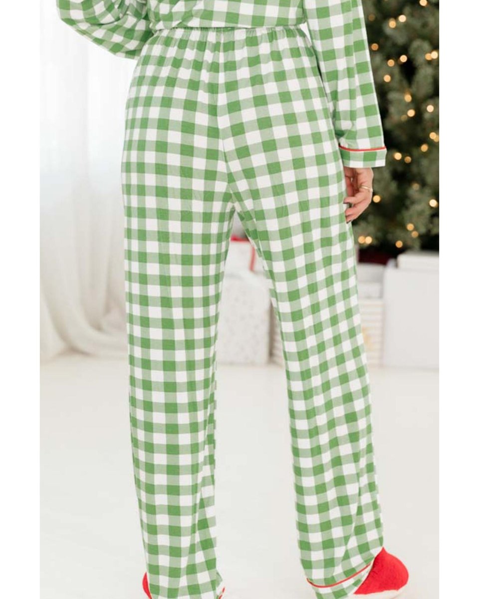 Light Green Christmas Plaid Print Shirt and Pants Pajama Set - M