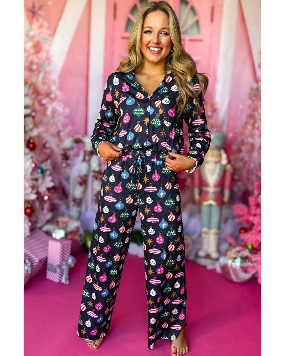 Navy Blue Colorful Christmas Lights Print Shirt and Pants Pajama Set - L