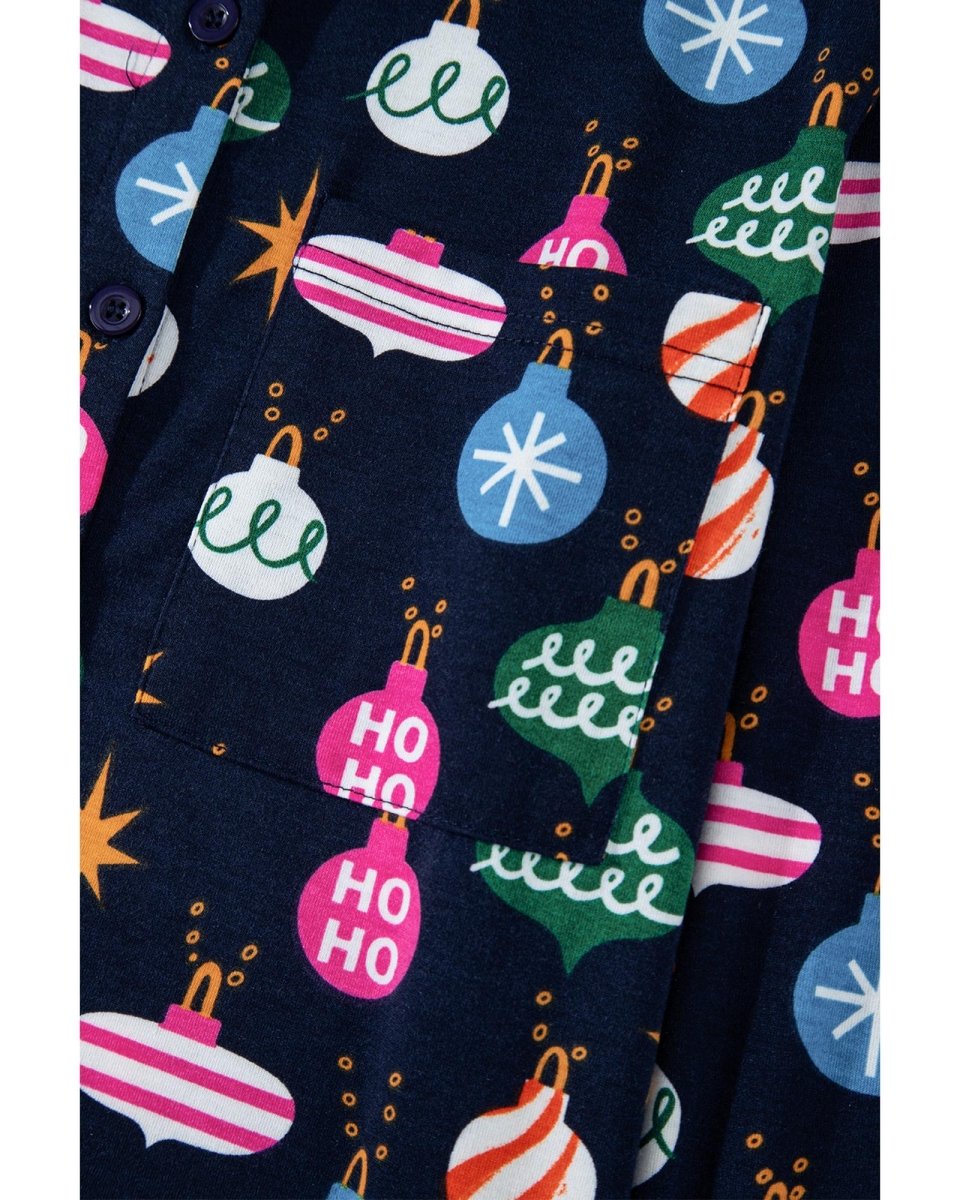 Navy Blue Colorful Christmas Lights Print Shirt and Pants Pajama Set - L
