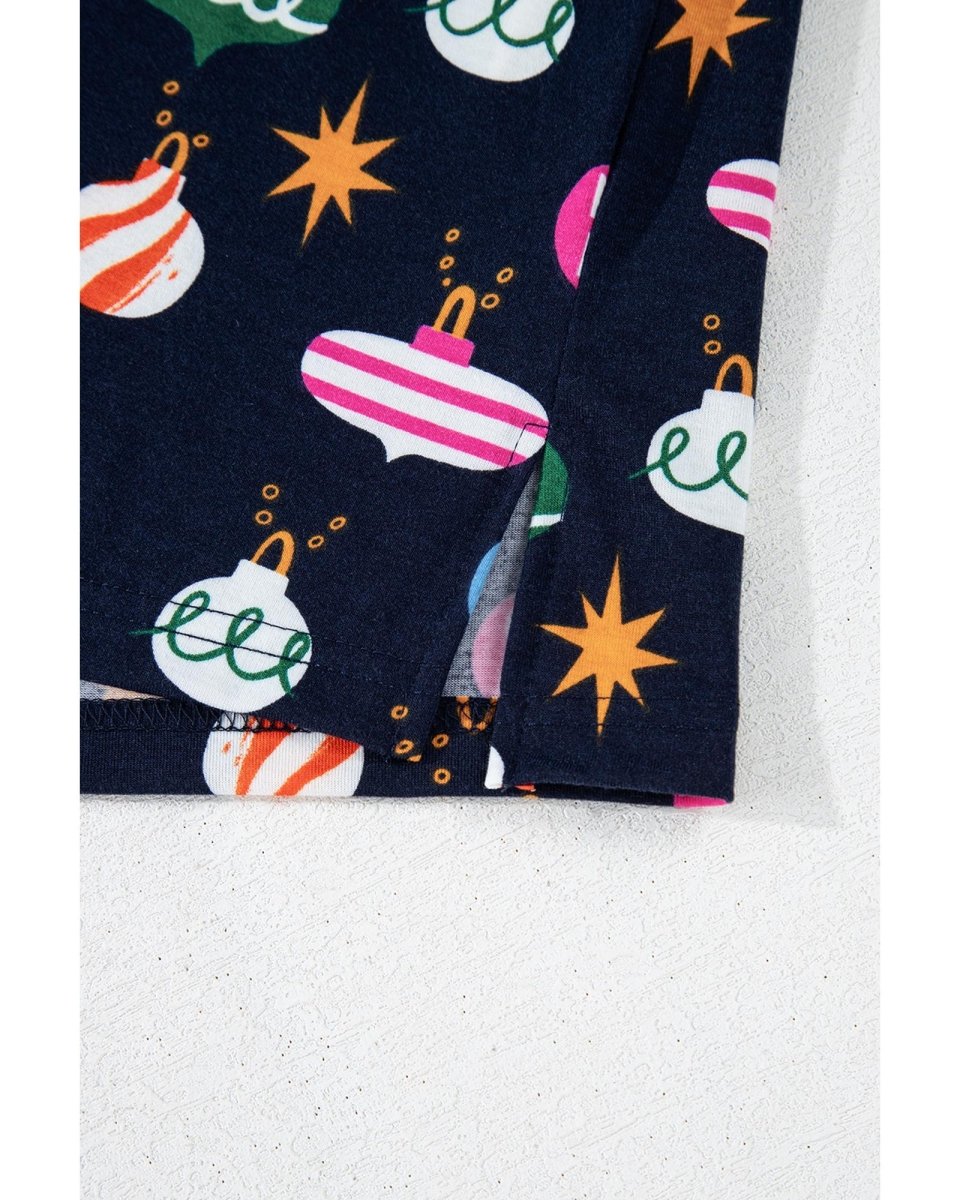 Navy Blue Colorful Christmas Lights Print Shirt and Pants Pajama Set - L