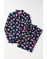 Navy Blue Colorful Christmas Lights Print Shirt and Pants Pajama Set - L
