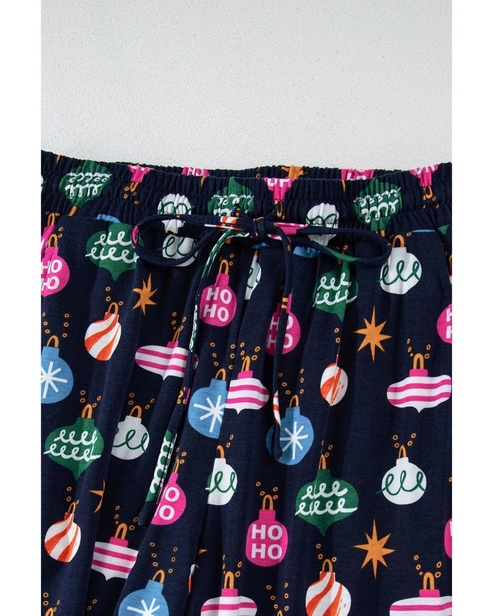 Navy Blue Colorful Christmas Lights Print Shirt and Pants Pajama Set - L