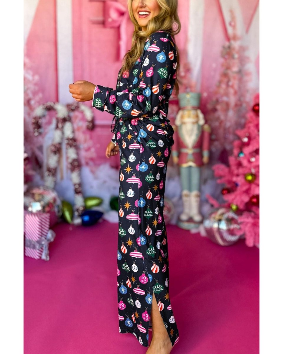 Navy Blue Colorful Christmas Lights Print Shirt and Pants Pajama Set - L