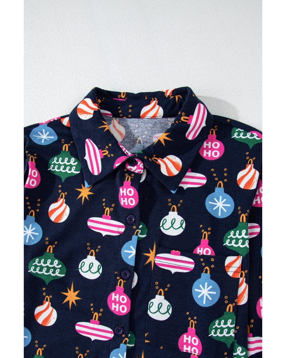 Navy Blue Colorful Christmas Lights Print Shirt and Pants Pajama Set - S