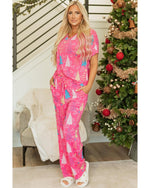 Rose Christmas Tree Print V Neck Tee and Pants Lounge Set - L