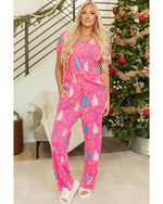Rose Christmas Tree Print V Neck Tee and Pants Lounge Set - M