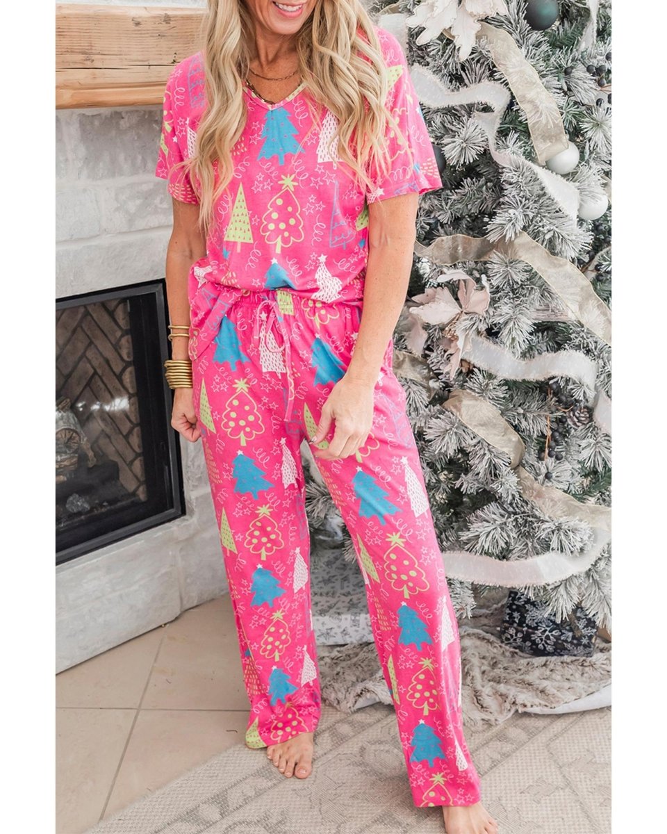 Rose Christmas Tree Print V Neck Tee and Pants Lounge Set - M