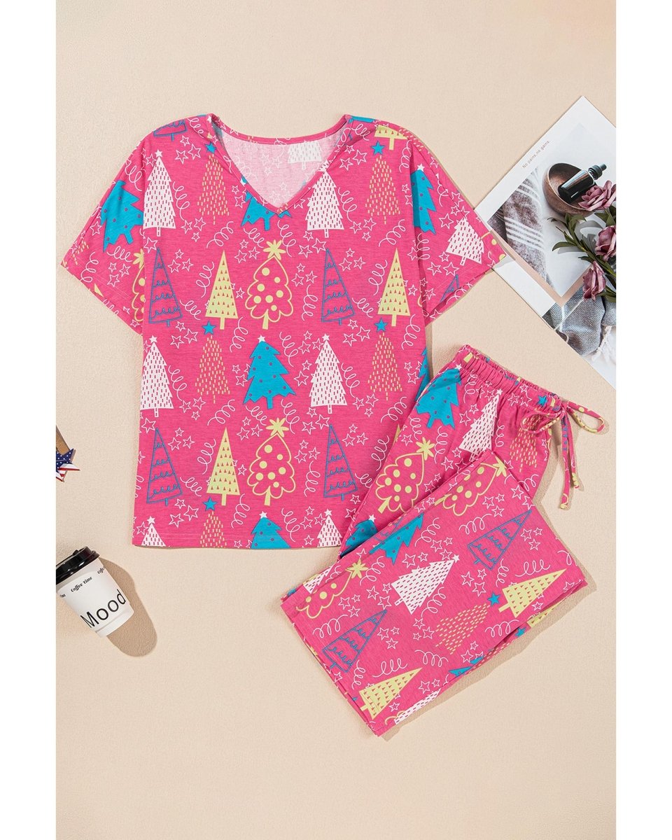 Rose Christmas Tree Print V Neck Tee and Pants Lounge Set - S