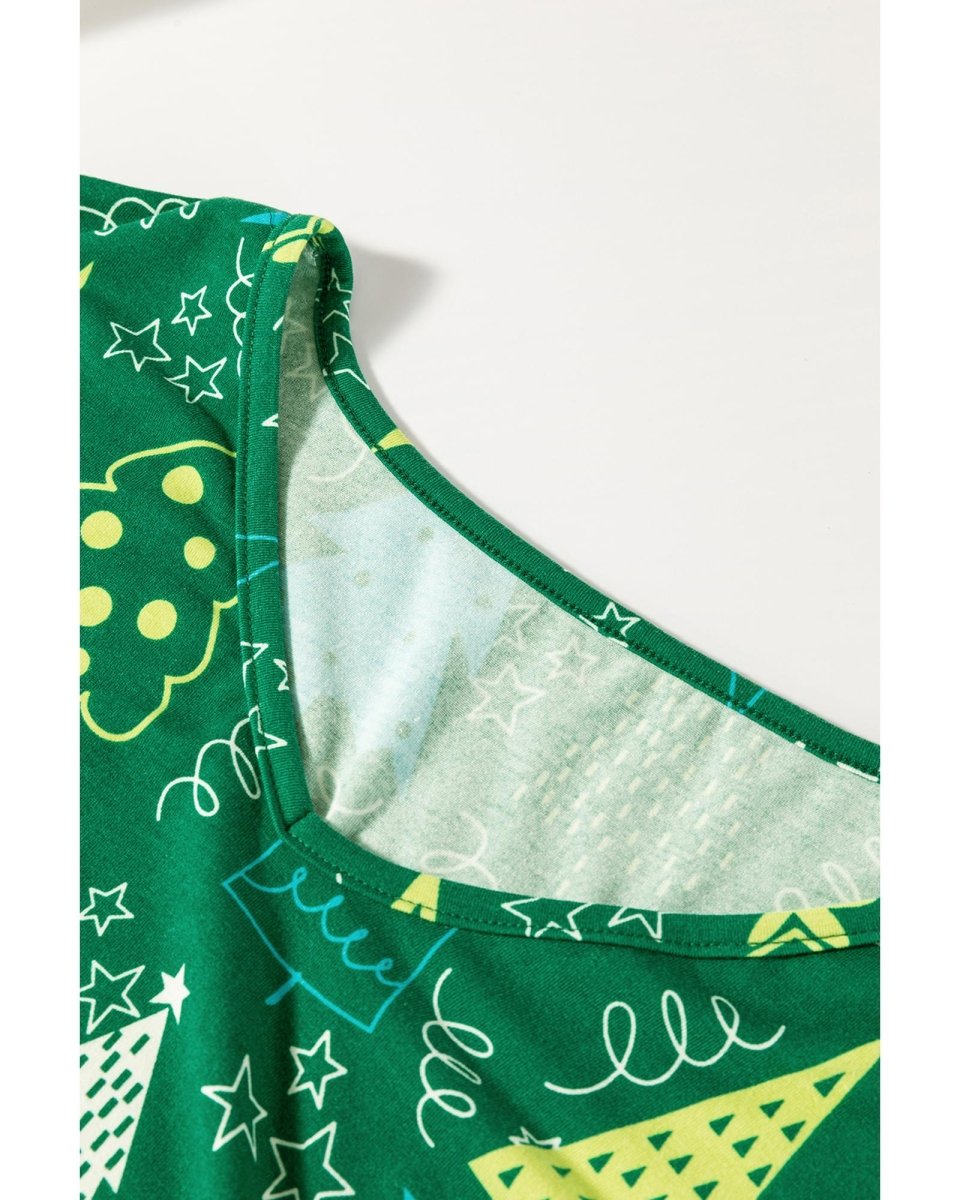 Green Christmas Tree Print V Neck Tee and Pants Lounge Set - 2XL