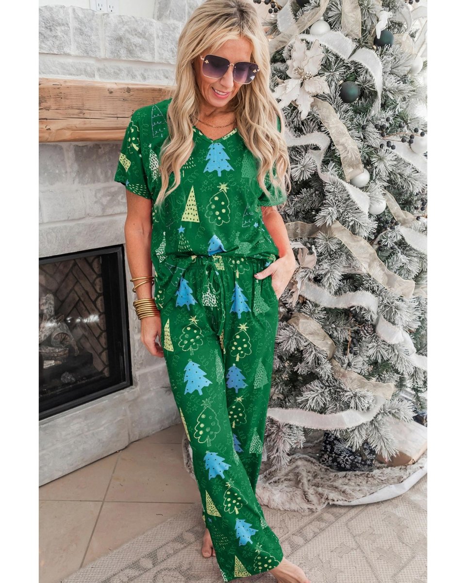 Green Christmas Tree Print V Neck Tee and Pants Lounge Set - 2XL