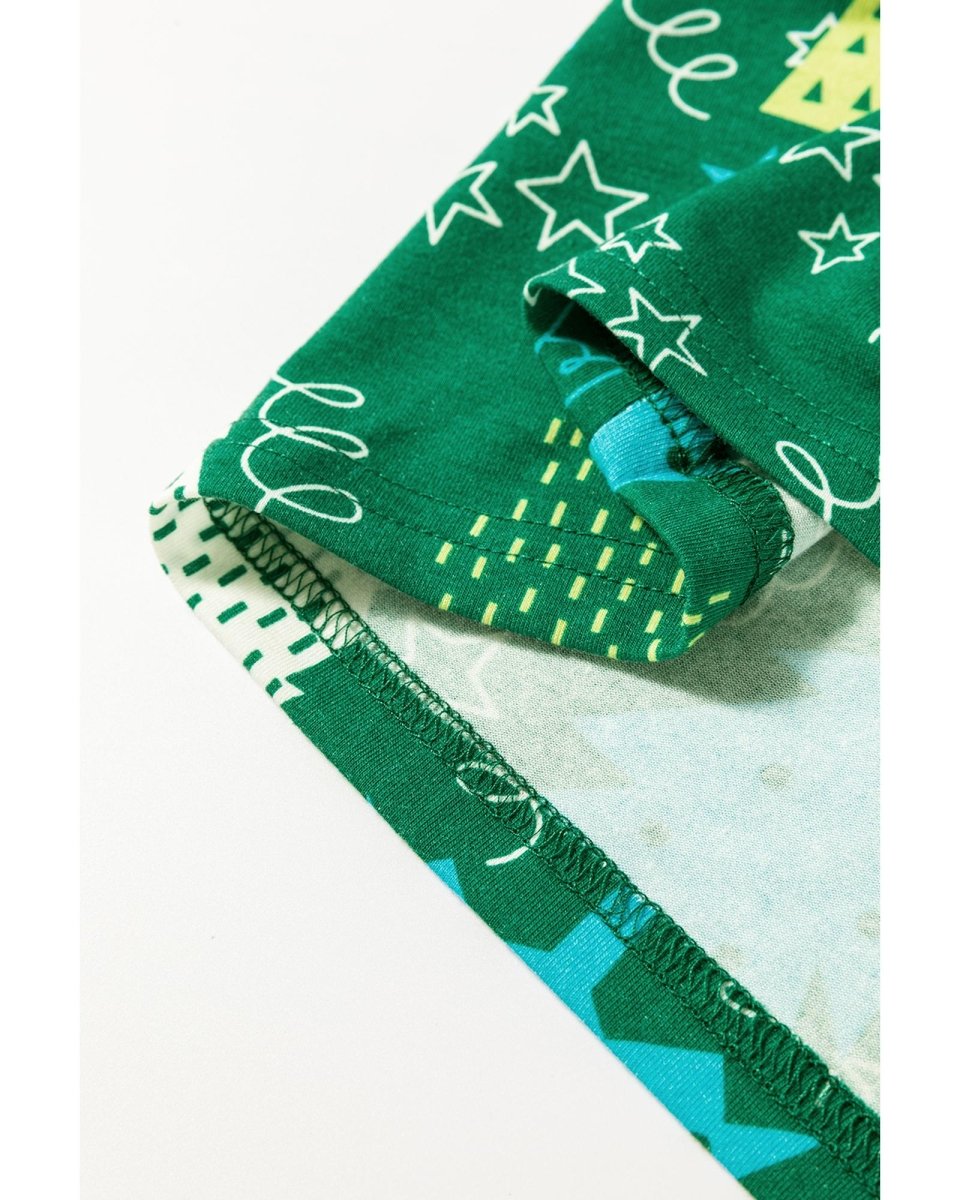 Green Christmas Tree Print V Neck Tee and Pants Lounge Set - L