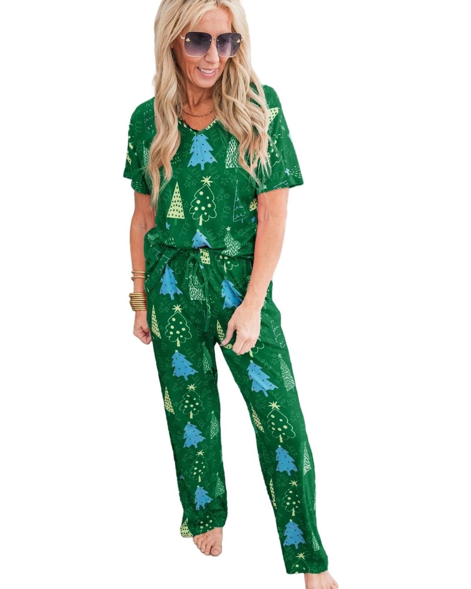 Green Christmas Tree Print V Neck Tee and Pants Lounge Set - M