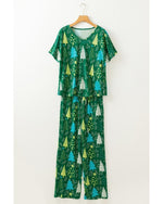 Green Christmas Tree Print V Neck Tee and Pants Lounge Set - M