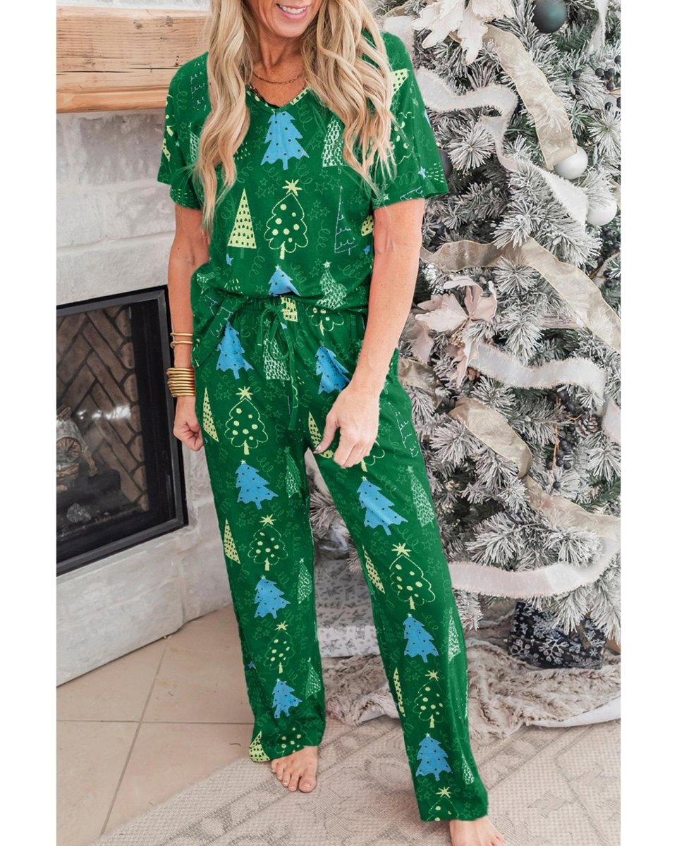 Green Christmas Tree Print V Neck Tee and Pants Lounge Set - M