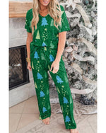 Green Christmas Tree Print V Neck Tee and Pants Lounge Set - S
