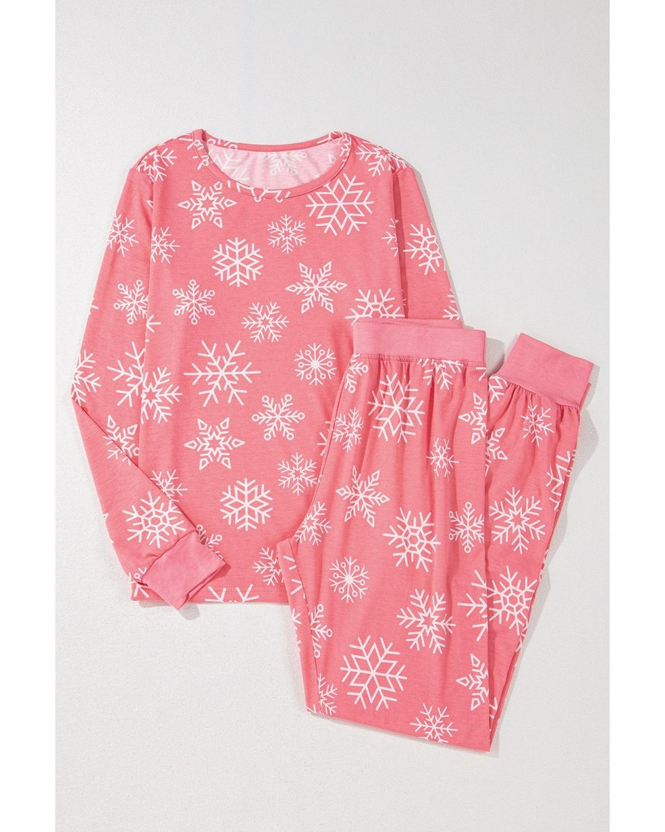 Pink Christmas Snowflake Print Two Piece Loungewear - M