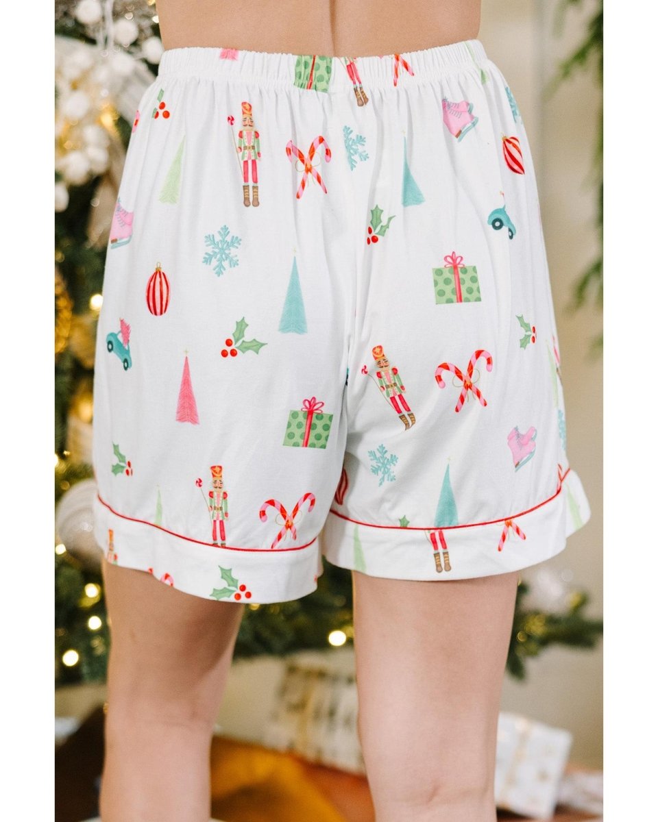 White Christmas Print Short Sleeve Shirt and Shorts Pajama Set - 2XL