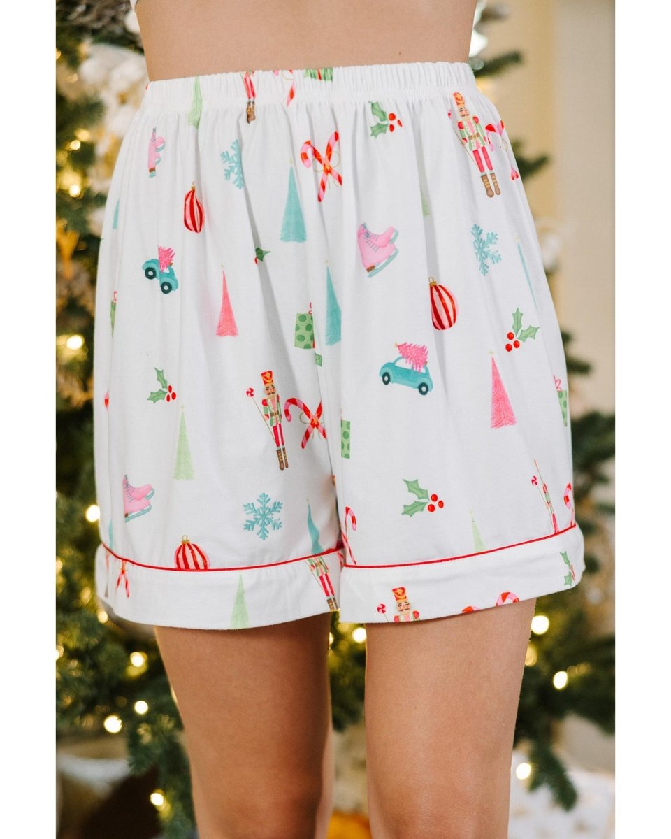 White Christmas Print Short Sleeve Shirt and Shorts Pajama Set - L
