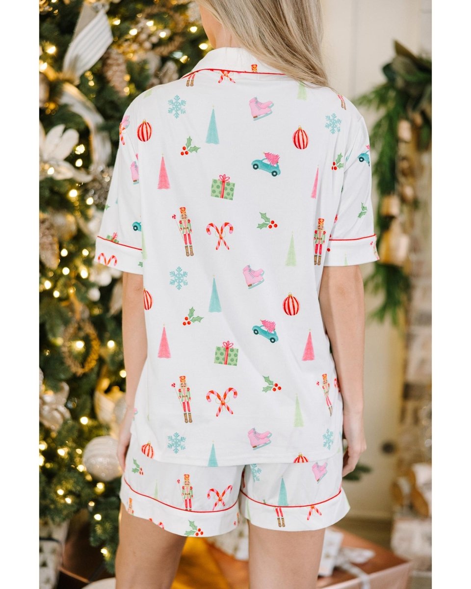 White Christmas Print Short Sleeve Shirt and Shorts Pajama Set - L