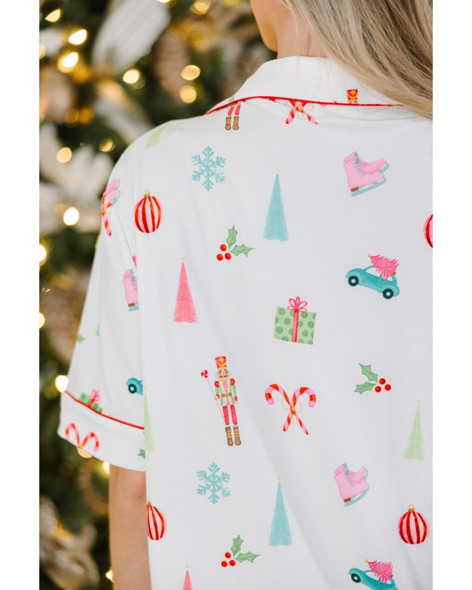 White Christmas Print Short Sleeve Shirt and Shorts Pajama Set - L
