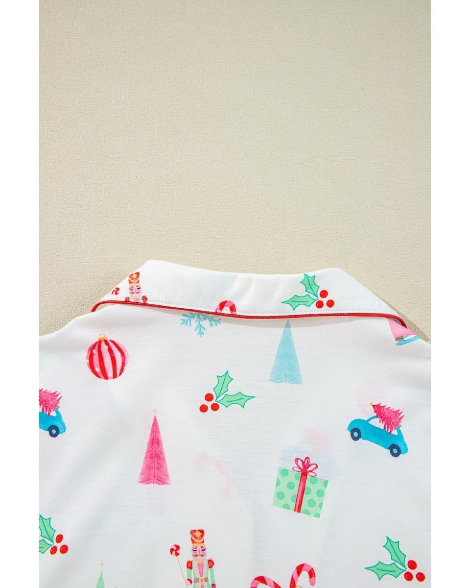 White Christmas Print Short Sleeve Shirt and Shorts Pajama Set - XL