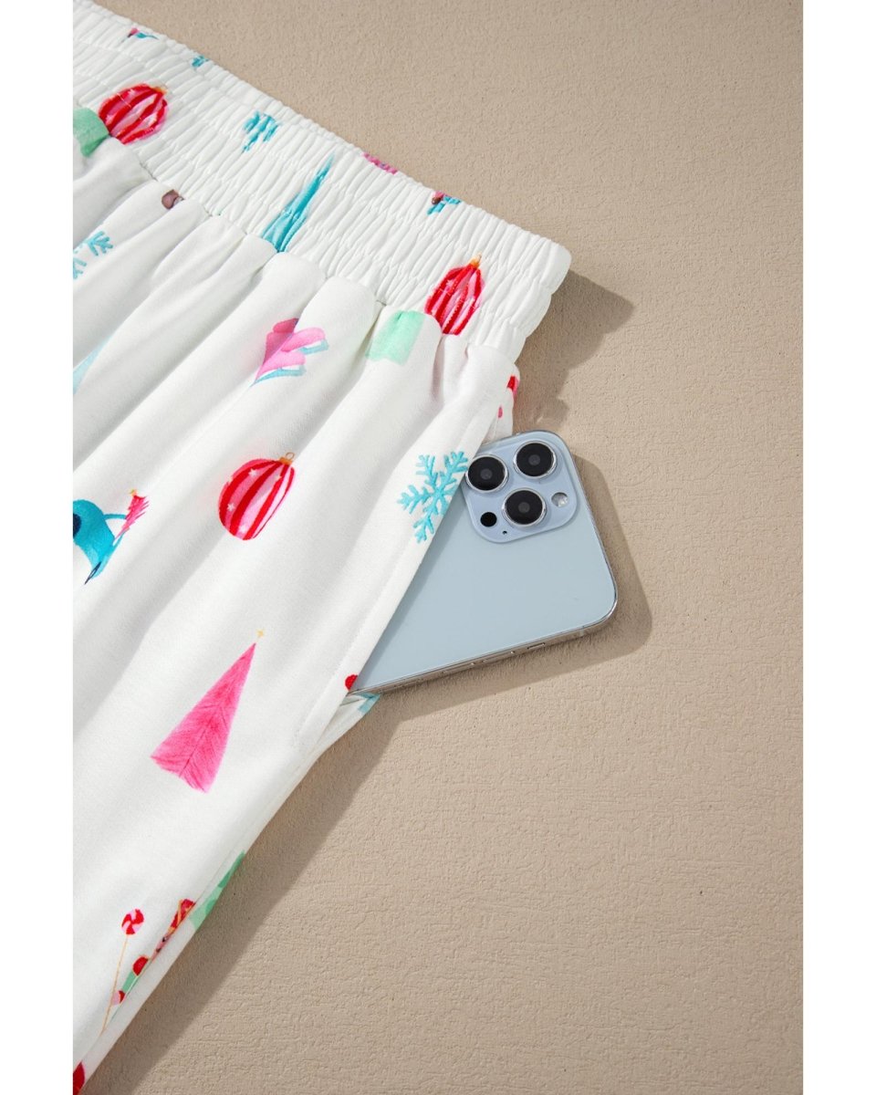 White Christmas Print Lapel Shirt and Pants Sleepwear - 2XL