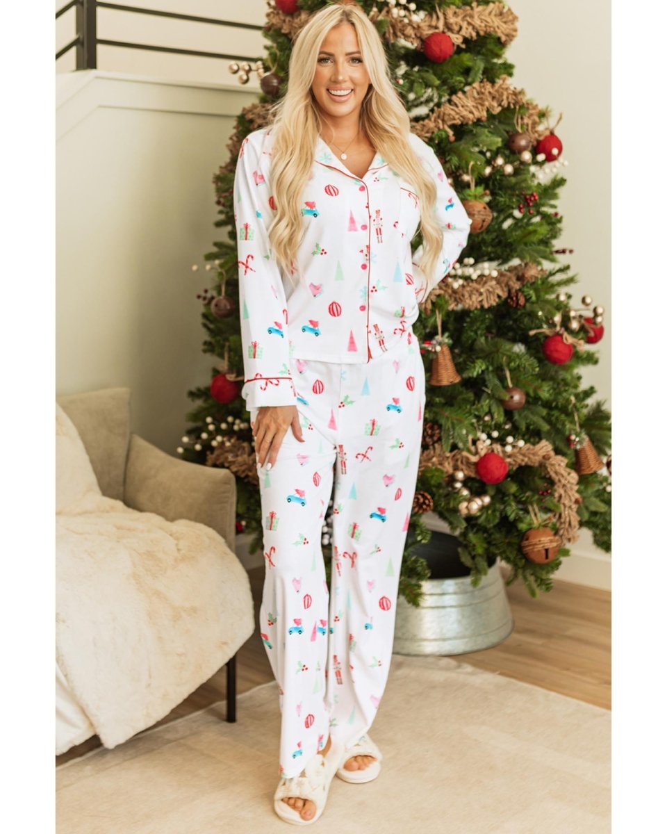 White Christmas Print Lapel Shirt and Pants Sleepwear - M