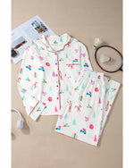 White Christmas Print Lapel Shirt and Pants Sleepwear - M