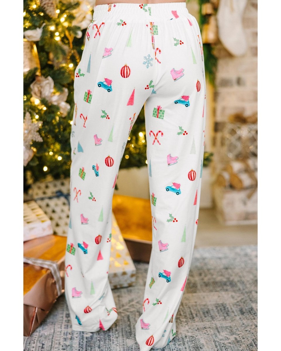 White Christmas Print Lapel Shirt and Pants Sleepwear - M