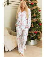 White Christmas Print Lapel Shirt and Pants Sleepwear - M