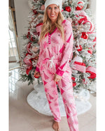 Pink Christmas Tree Print V Neck Buttoned Pullover and Drawstring Pants Lounge Set - L