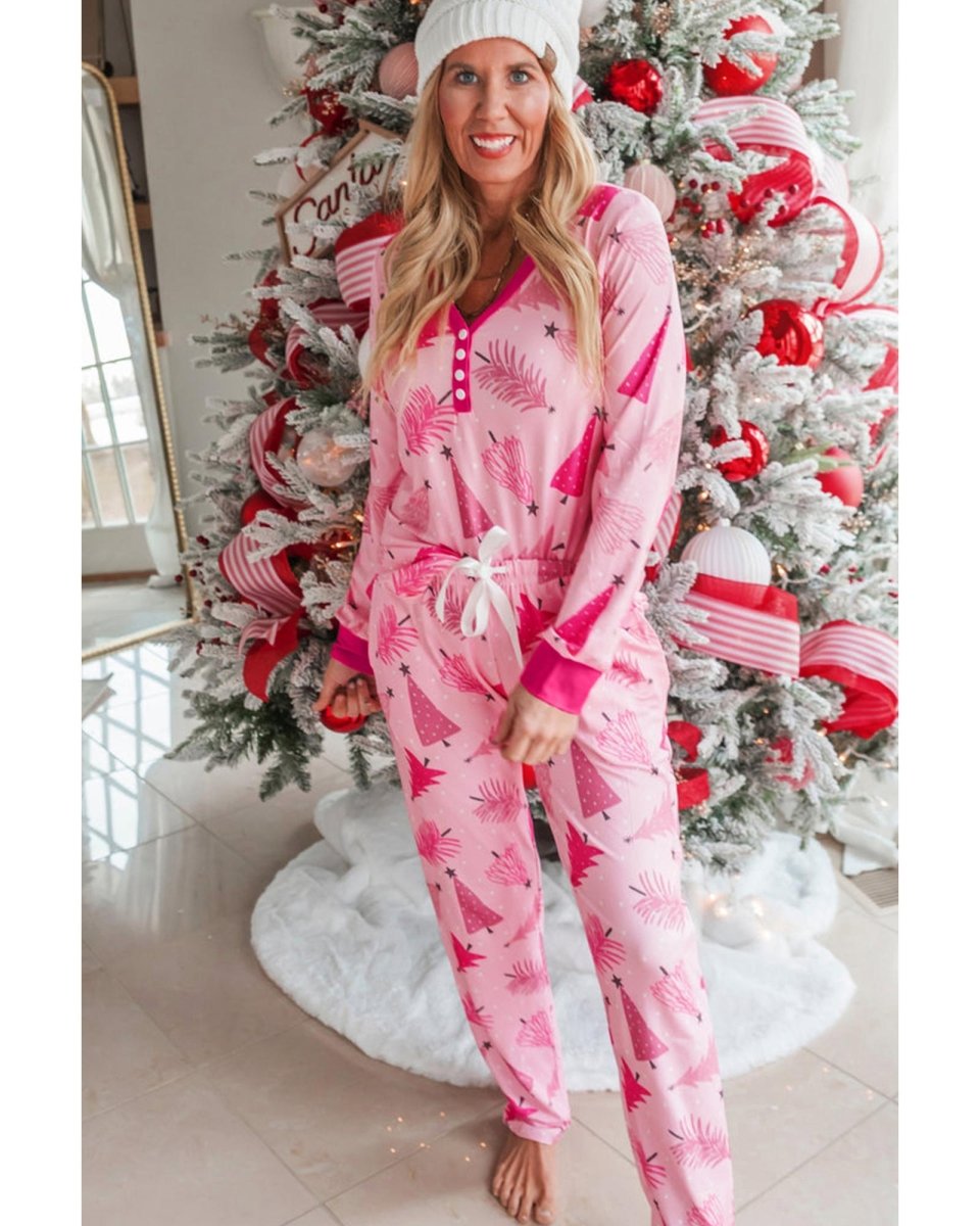 Pink Christmas Tree Print V Neck Buttoned Pullover and Drawstring Pants Lounge Set - L