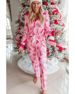 Pink Christmas Tree Print V Neck Buttoned Pullover and Drawstring Pants Lounge Set - L