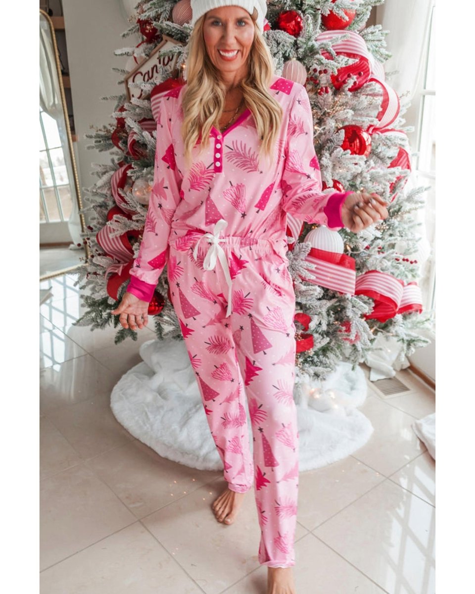 Pink Christmas Tree Print V Neck Buttoned Pullover and Drawstring Pants Lounge Set - L