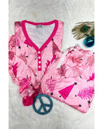 Pink Christmas Tree Print V Neck Buttoned Pullover and Drawstring Pants Lounge Set - L