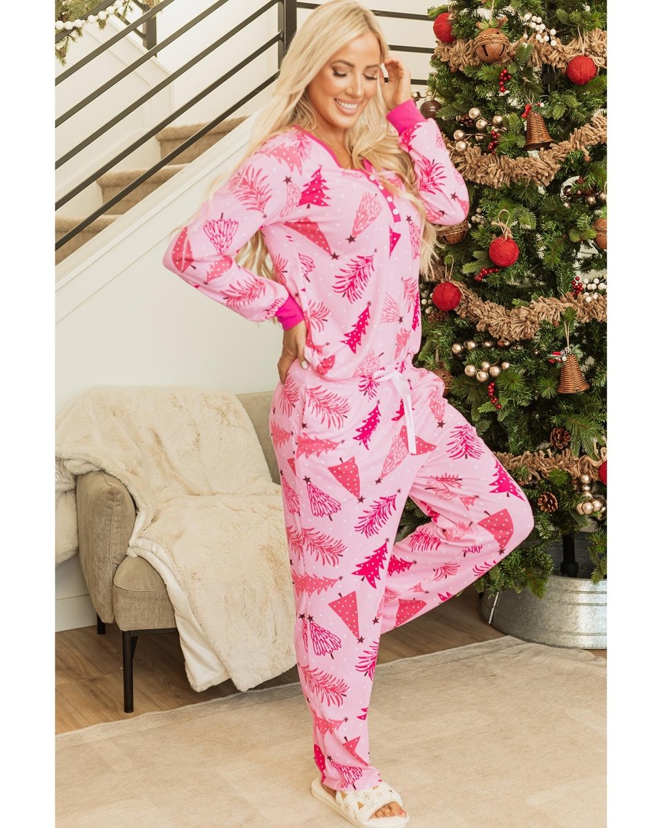 Pink Christmas Tree Print V Neck Buttoned Pullover and Drawstring Pants Lounge Set - L