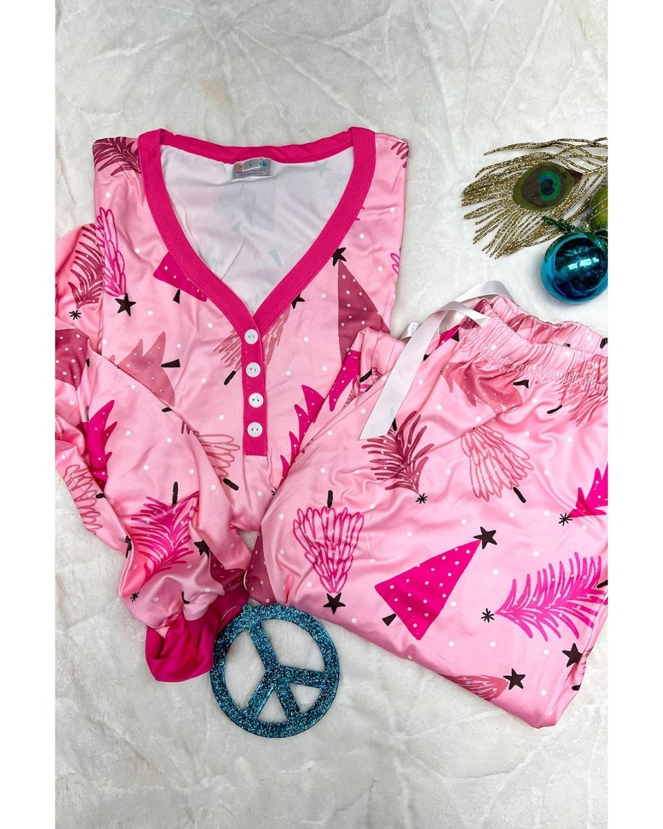 Pink Christmas Tree Print V Neck Buttoned Pullover and Drawstring Pants Lounge Set - S